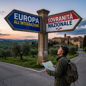 Road signs reading “EUROPA ALL’INTEGRAZIONE” and “SOVRANITÀ NAZIONALE” beside a traveler with map