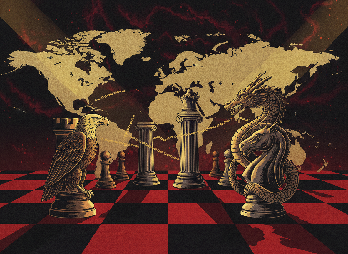 Editorial illustration for an Italian economics article about the geopolitics behind tariffs and trade wars (Part 2). Show a dramatic chessboard-style world map with chess pieces representing USA, China, and Europe in a tense standoff. Dark, moody atmosphere with golden and red tones. Bold graphic style, editorial magazine quality. No text.