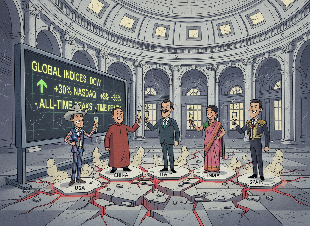 Editorial illustration in a ironic and informative style: a shiny, gleaming stock market ticker board showing record highs, but underneath it the floor is cracked and crumbling. Five characters stand on different cracked tiles labeled USA, China, Italy, India, Spain — each holding a champagne glass and smiling obliviously while cracks spread beneath their feet. The background is a grand marble trading floor. Style: editorial cartoon with a slightly satirical tone, clean lines, muted financial palette with red accents.